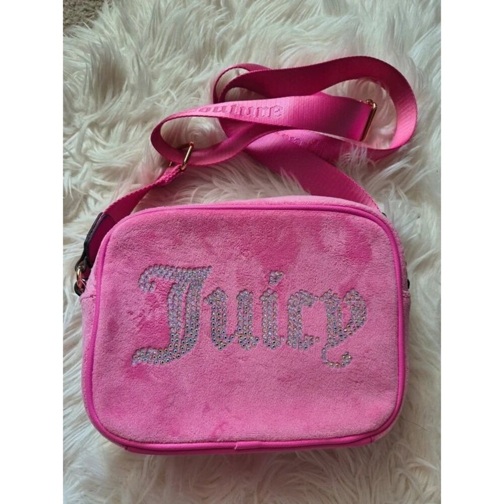 Juicy couture pink velour kawaii y2k rhinestone crossbody purse